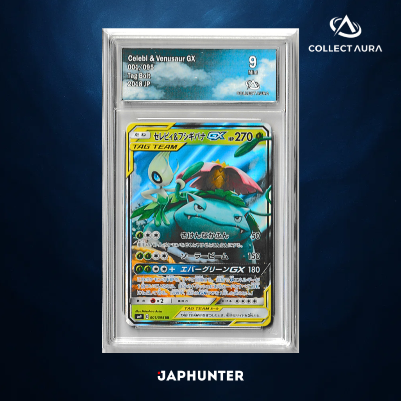 Celebi & Venusaur GX – 001/095 – Tag Bolt (2018 JP) – CollectAura Graded 9 Mint