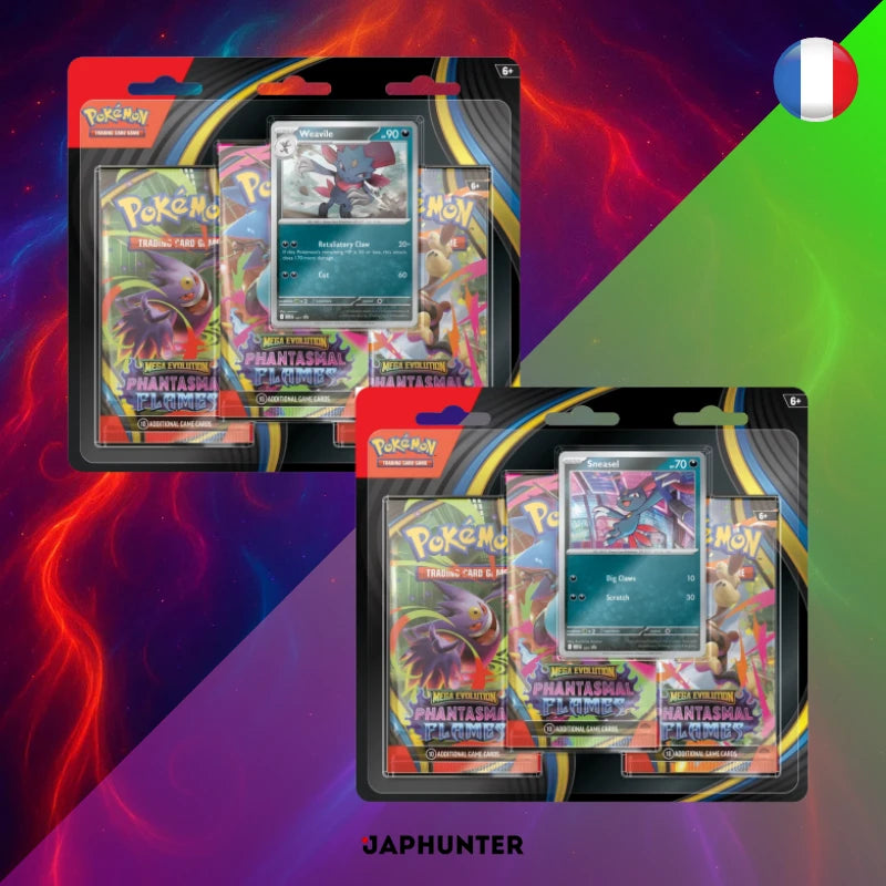 Pokémon Blister 3 Boosters Mega Evolution(ME02): Phantasmal Flames (FR) | Carte Promo Sneasel ou Weavile