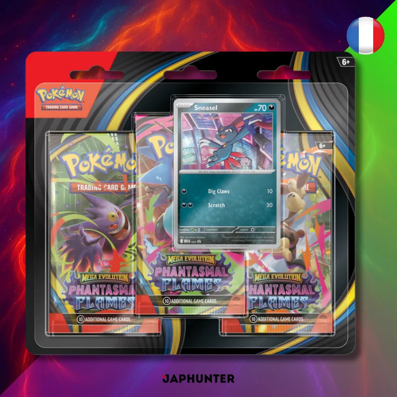Pokémon Blister 3 Boosters Mega Evolution(ME02): Phantasmal Flames (FR) | Carte Promo Sneasel ou Weavile
