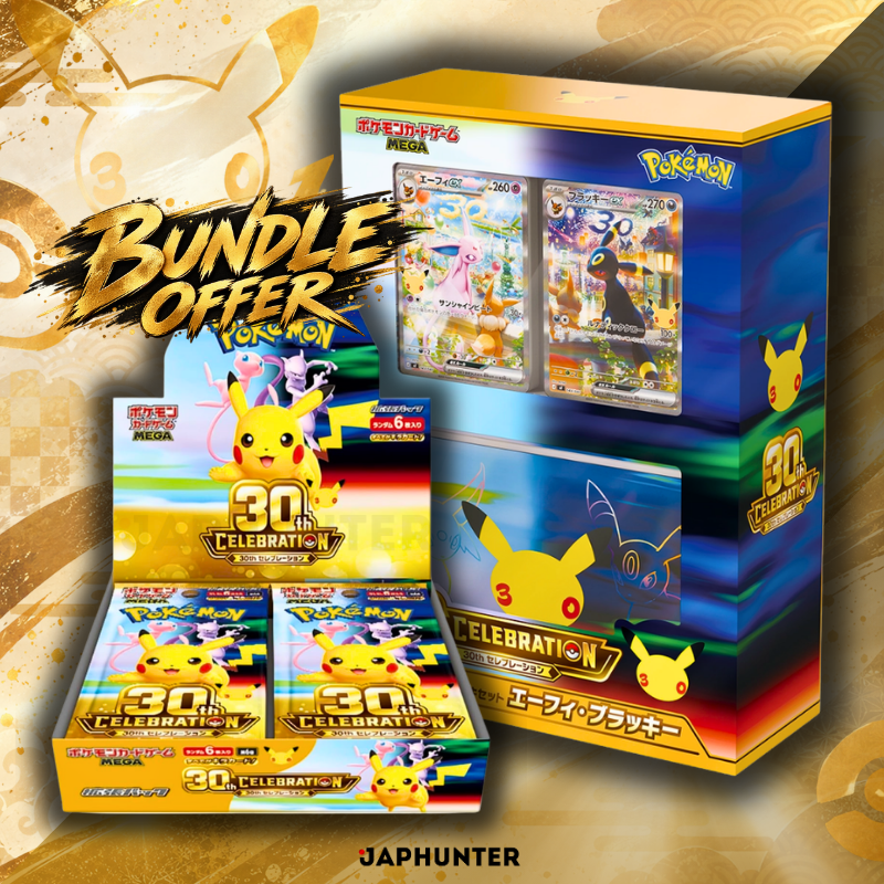 Bundle Pokémon TCG 30th Celebration M6a Booster Box + Premium Deck Set Espeon & Umbreon (Japonais, Scellé)